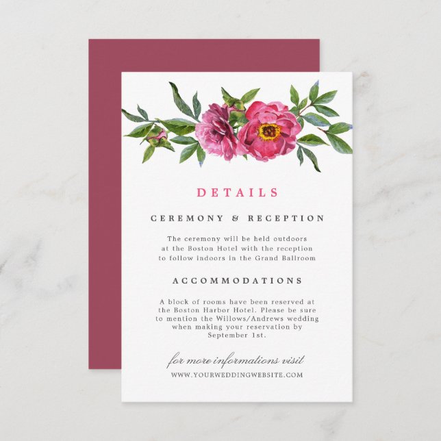 Convite Maravilhosos Peonies Rosa Detalhes do Casamento Fl (Frente/Verso)