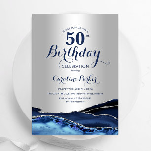 Convite Marble 50th Birthday, mármore azul de Marinho de p
