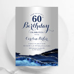 Convite Marble 60º Aniversário do Agato Azul Marinho de Pr<br><div class="desc">Marinho azul e prata agate 60º convite de aniversário. Elegante design moderno com cor azul-real de água agate marble geode fundo, faux glitter prata e script de tipografia. Trendy convida o cartão perfeito para uma comemoração de dia das mulheres na moda. Impressos convites Zazzle ou modelo de impressão digital instantânea...</div>