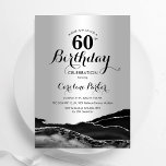 Convite Marble 60º Aniversário do Agato Preto de Prata<br><div class="desc">Preto e prateado agata 60º convite de aniversário. Elegante design moderno com fundo geode de pedra de pedra marmortal, letra falsa prata brilhante e script de tipografia. Trendy convida o cartão perfeito para uma comemoração de dia das mulheres na moda. Impressos convites Zazzle ou modelo de impressão digital instantânea para...</div>