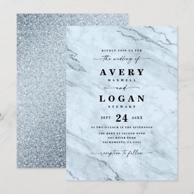 Convite Marble Azul Elegante e Casamento com Largura (Frente/Verso)