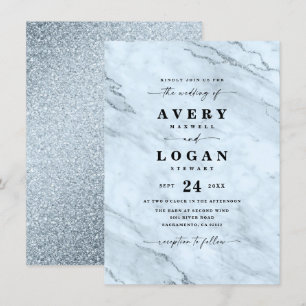 Convite Marble Azul Elegante e Casamento com Largura