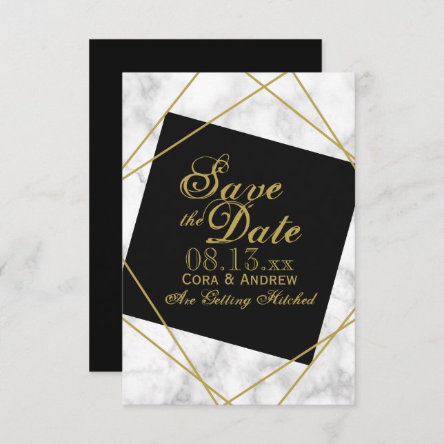 Convite Marble Black e Faux Dourado Salvem a Data Casament (Frente/Verso)