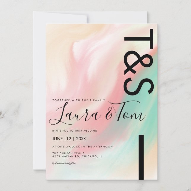Convite Marble Bold Pink Teal Peach Typografia Casamento I (Frente)