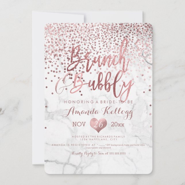 Convite Marble Brunch N Bubbly/Faux Dourado Rosa Confete (Frente)