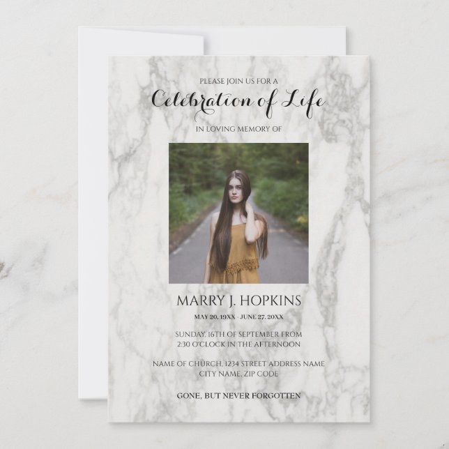 Convite Marble Celebration of Life Invitation with Photo (Frente)