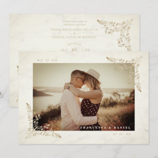 Convite Marble Chic Golden Lace Romantic Couple Wedding