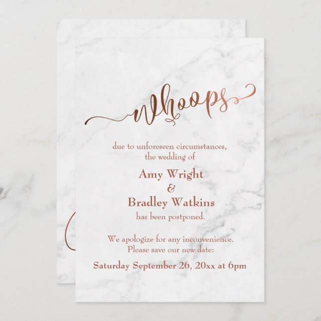 Convite Marble Copper Adiou Casamento "Whoops!" Atualizar (Frente/Verso)