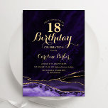 Convite Marble Dourado Roxo 18º Aniversário<br><div class="desc">Roxo e ouro agam 18º convite de aniversário. Elegante design moderno com aquarela agate marble geode background,  faux glitter gold e typografia script font. Trendy convida o cartão perfeito para uma comemoração de dia das mulheres na moda. Impressos convites Zazzle ou modelo de impressão digital instantânea para download.</div>