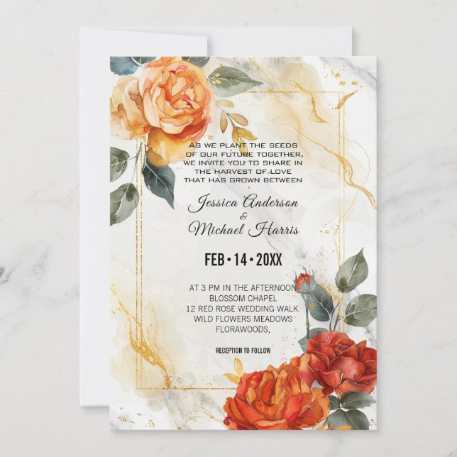Convite Marble Dreams: Coleção de Elegância de Rosa Laranj (Frente)