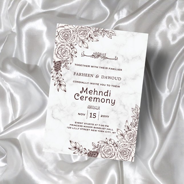 Convite Marble Floral Lace Islâmico Cerimônia de Mehndi (Criador carregado)