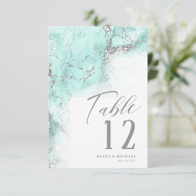 Convite Marble Glitter Wedding Teal Silver ID644 (Em pé/Frente)
