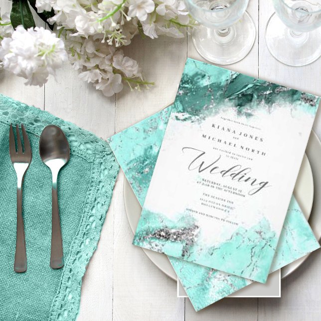 Convite Marble Glitter Wedding Teal Silver ID644 (Criador carregado)