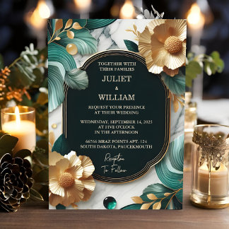 Convite Marble Monstera Emerald Green E Dourado Casamento