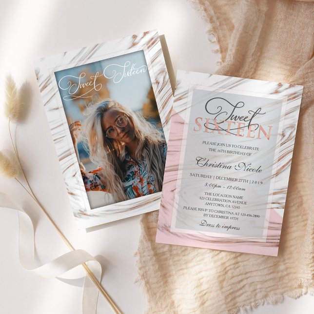 Convite Marble Rosa Dourado Sweet 16 Aniversário (Criador carregado)