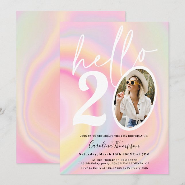 Convite Marble unicórnio arco-íris, foto de chic olá 20 (Frente/Verso)