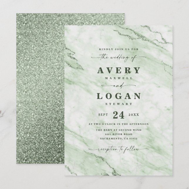 Convite Marble Verde da Elegante Fern e Casamento com Glit (Frente/Verso)