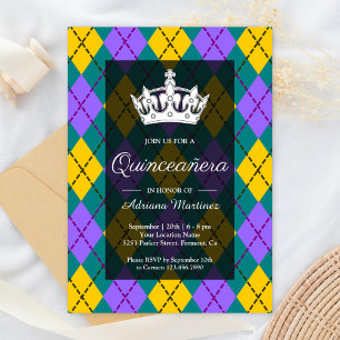 Convite Mardi Gras Amarelo Roxo Argyle Coroa Quinceanera