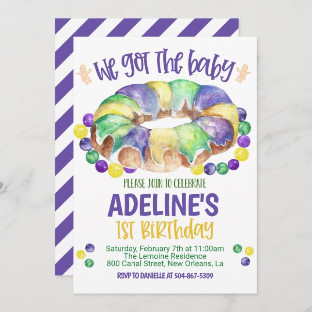 Convite Mardi Gras Baby First Birthday Invitation (Frente/Verso)
