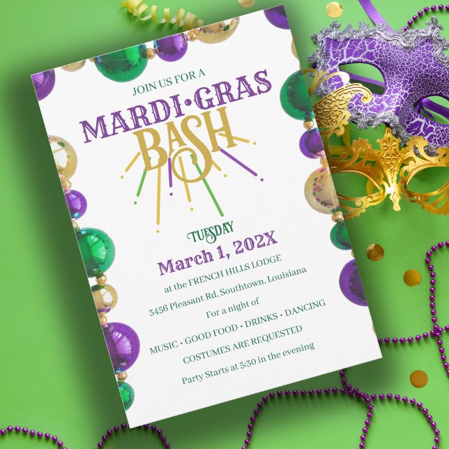Convite Mardi Gras Bash New Orleans - Partido Miçanga (Criador carregado)