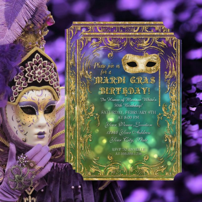 Convite Mardi Gras Birthday Mascarada Mask Bokeh Dourado (Criador carregado)