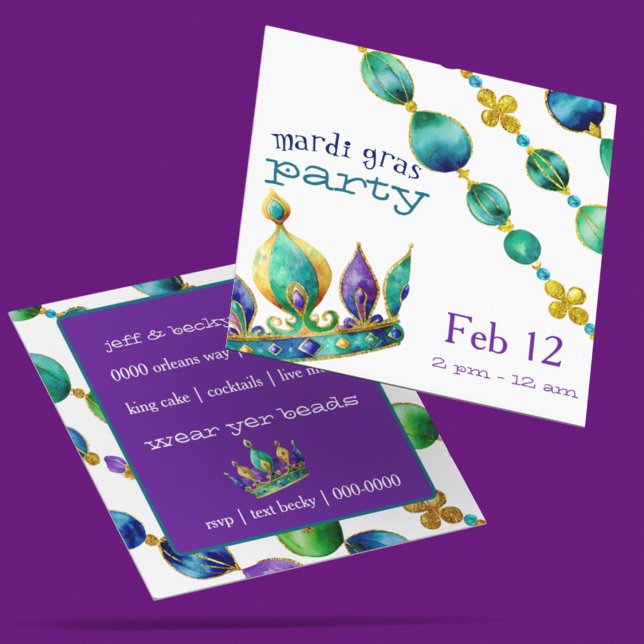 Convite Mardi Gras Crown and Beads Party  (Customize the front and back of these Mardi Gras party invitations.)