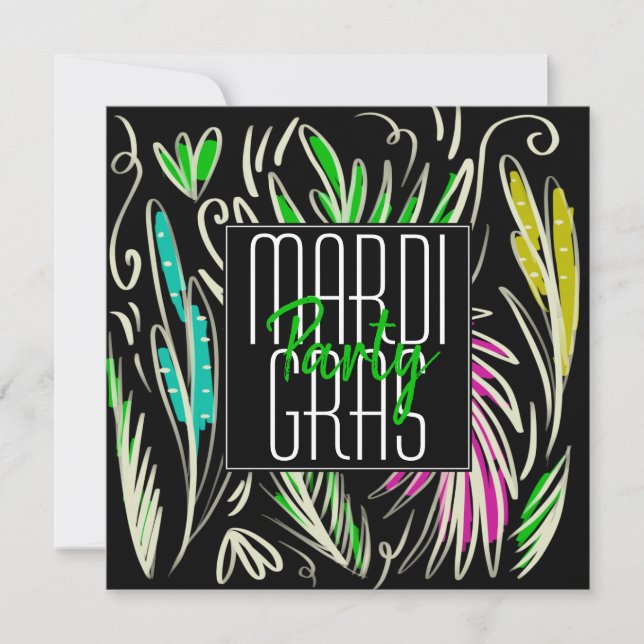 Convite Mardi Gras Desenhado à Mão Botânico Rosa Preto Qua (Frente)