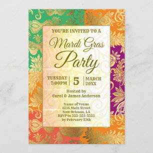 Convite Mardi Gras Dourado Mascarada Máscara Verde Roxo