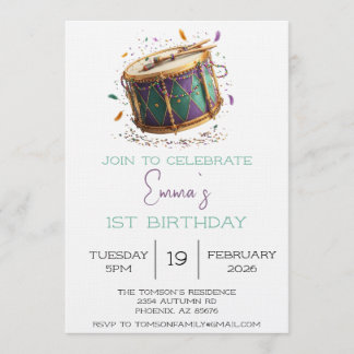 Convite Mardi Gras Festive Drum Birthday