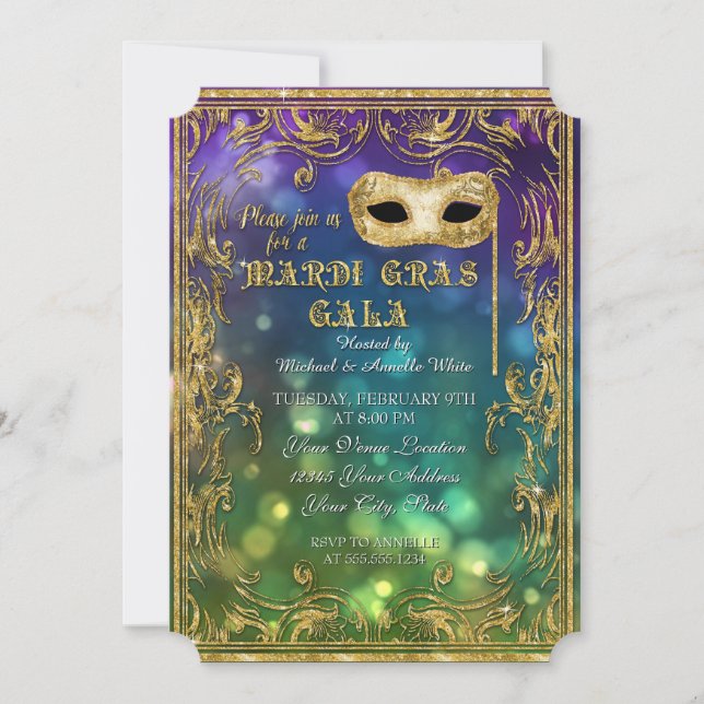 Convite Mardi Gras Gala Mascarada Mask Bokeh Dourado Glitt (Frente)