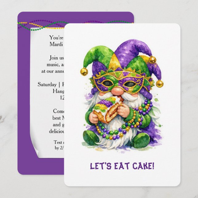 Convite Mardi Gras Gnome Eating King Cake (Frente/Verso)