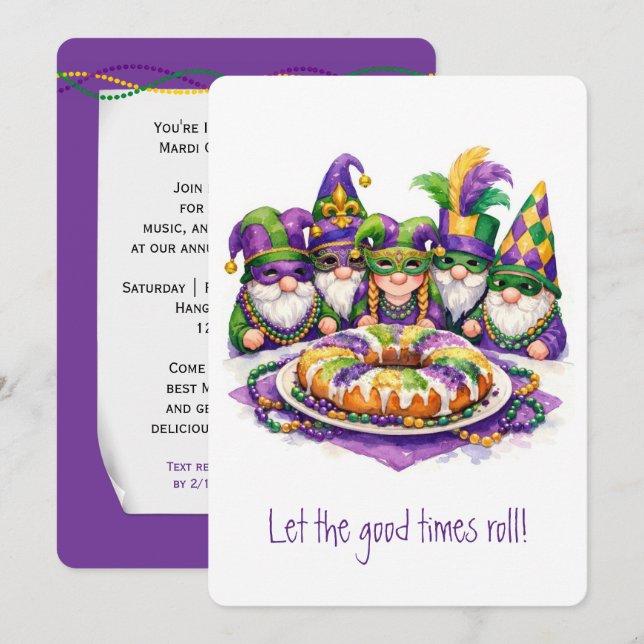 Convite Mardi Gras Gnome with King Cake (Frente/Verso)