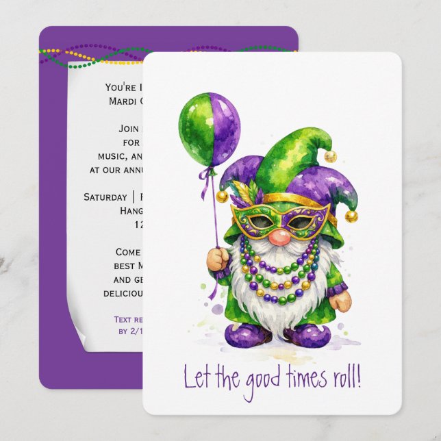 Convite Mardi Gras Gnome with Party Balloon (Frente/Verso)