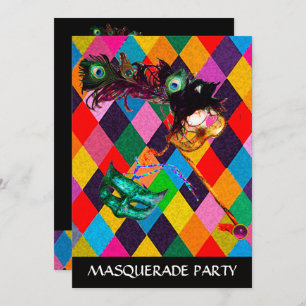Convite MARDI GRAS HARLEQUIN PATTERN Colorida Rhombi