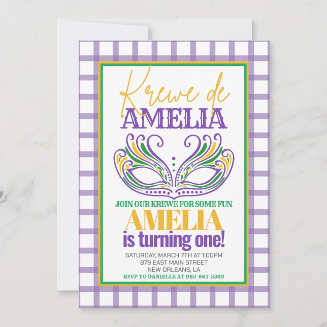 Convite Mardi Gras Krewe First Birday ANY AGE (Frente)