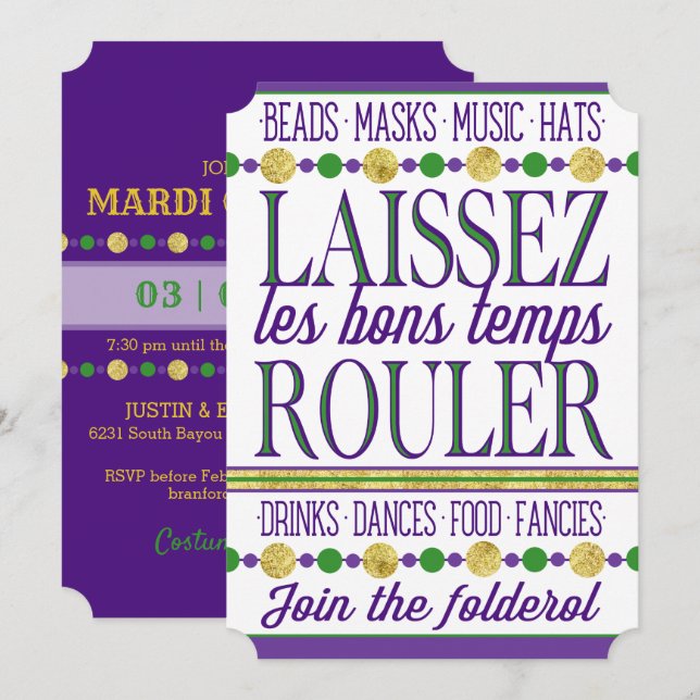 Convite Mardi Gras | Laissez Les Bons Temps Rouler (Frente/Verso)