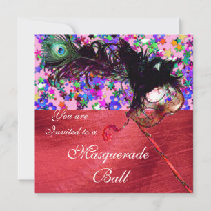 Convite MARDI GRAS MÁSCARA & CONFETES seda vermelha