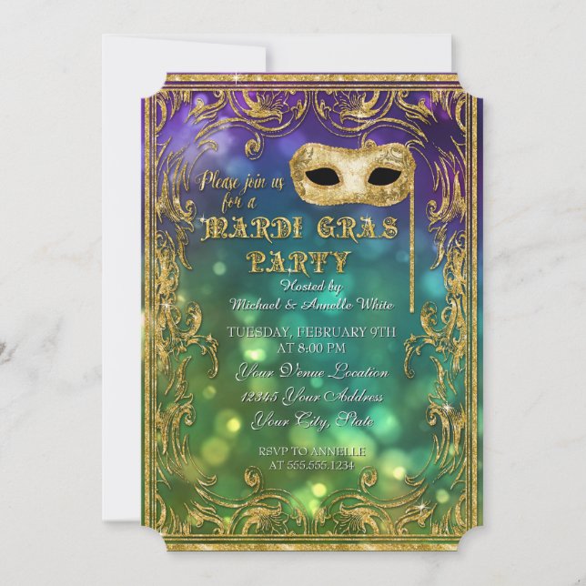 Convite Mardi Gras Mascarada Mask Bokeh Dourado Glitter (Frente)