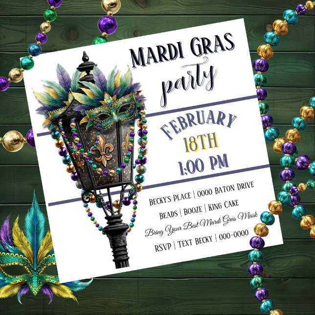 Convite Mardi Gras Mask and Gas Lamp with Beads (Customize the front and back of this Mardi Gras Party Invitation )