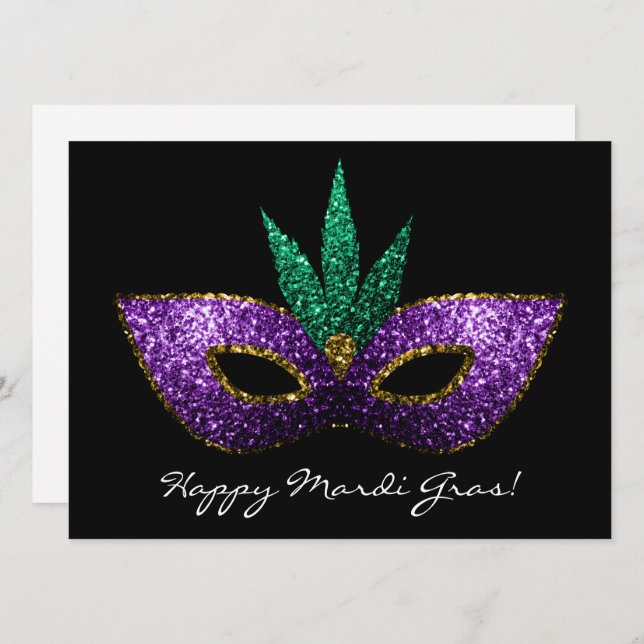 Convite Mardi Gras Mask Purple Green Sparkles Convidam (Frente/Verso)