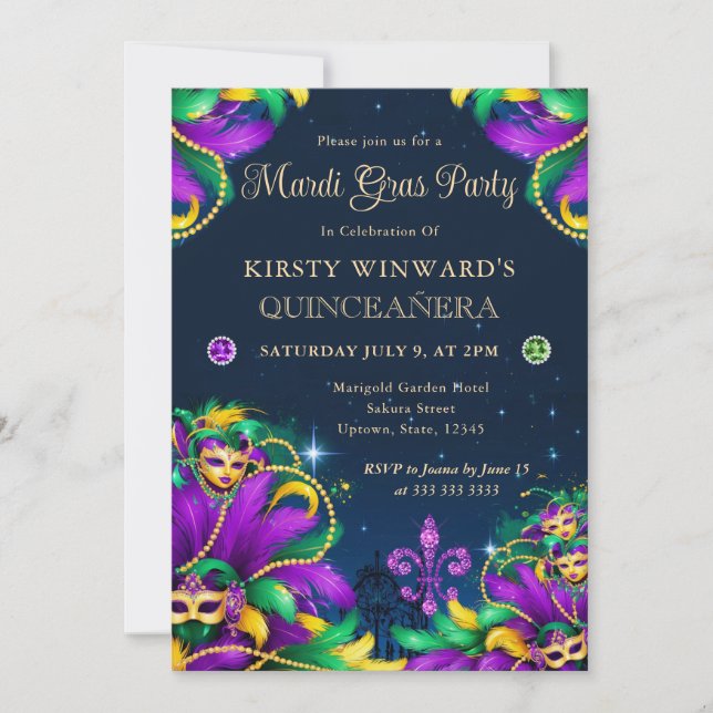 Convite Mardi Gras Masquerade Quinceanera (Frente)