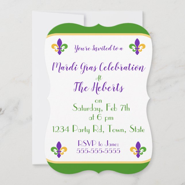 Convite Mardi Gras NAME Green Gold Purple Fleur de Lis (Frente)