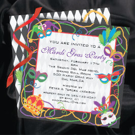 Convite Mardi Gras Party Invitation with Masks and Beads