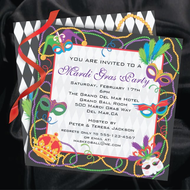 Convite Mardi Gras  Party Invitation with Masks and Beads (Criador carregado)