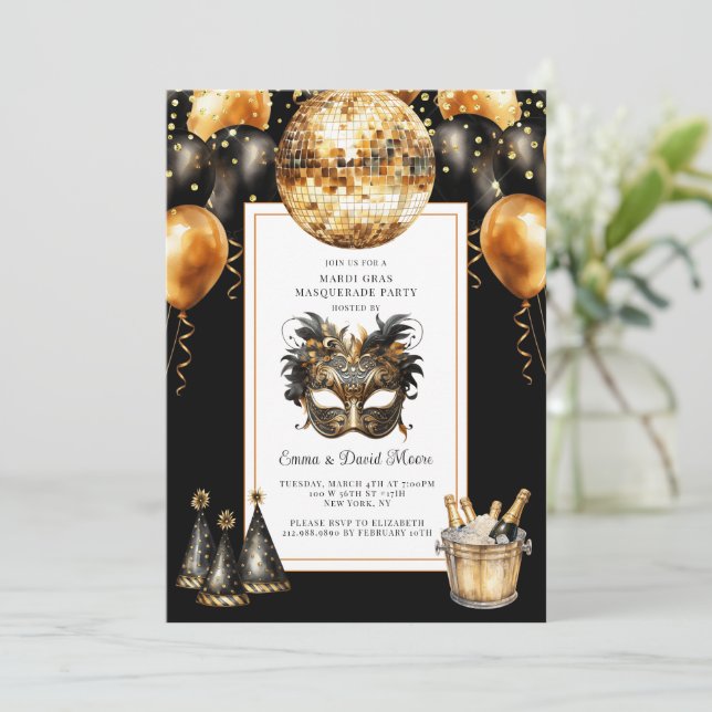 Convite Mardi Gras Preto Dourado Brilho (Em pé/Frente)
