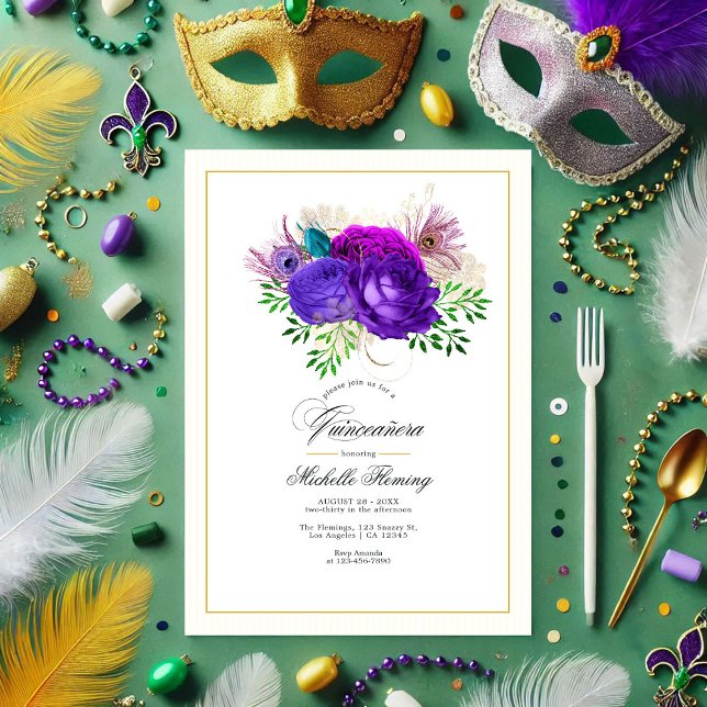Convite Mardi Gras Purple e Quinceañera Floral Quente-Rosa (Mardi Gras Purple and Hot-Pink Floral Quinceañera Invitation)