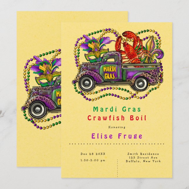 Convite Mardi Gras Vintage Truck Boil (Frente/Verso)