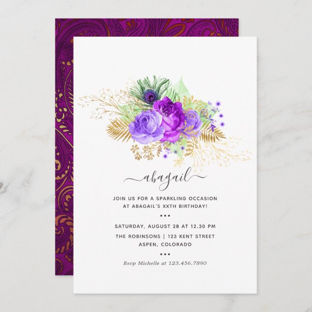 Convite Mardi GrasTropical Peacock Festa de aniversário In (Frente/Verso)