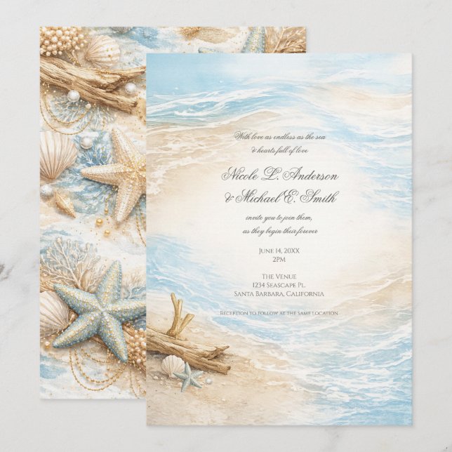 Convite Marés Eternas Água Costeira Aquarela Casamento na  (Frente/Verso)
