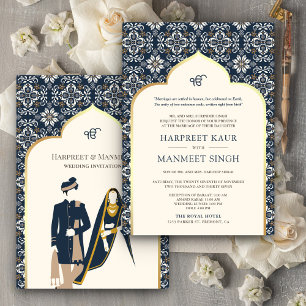 Convite Marfim Azul Naval Padrão Anand Karaj Casamento Sik